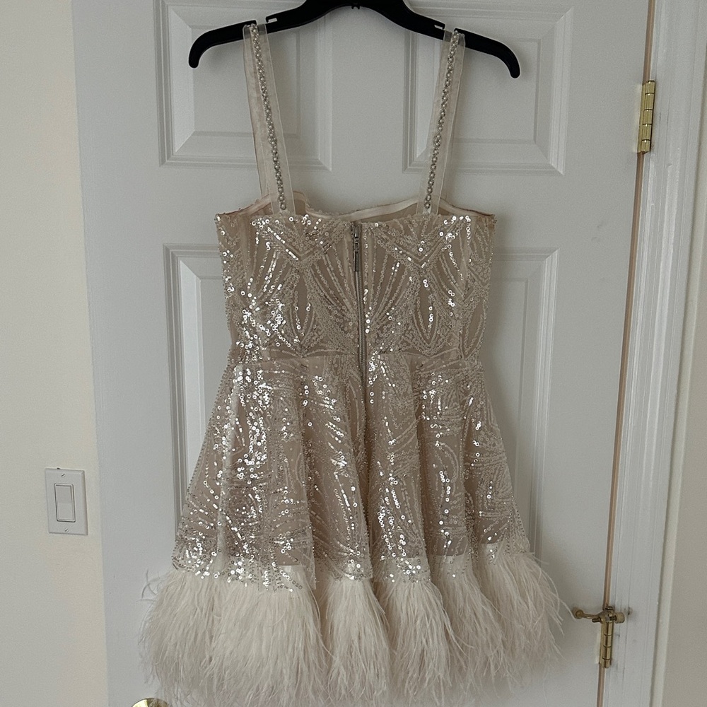 Bronx and Banco Champagne Sequin Mini Dress with Feather Trim - Picture 3 of 3